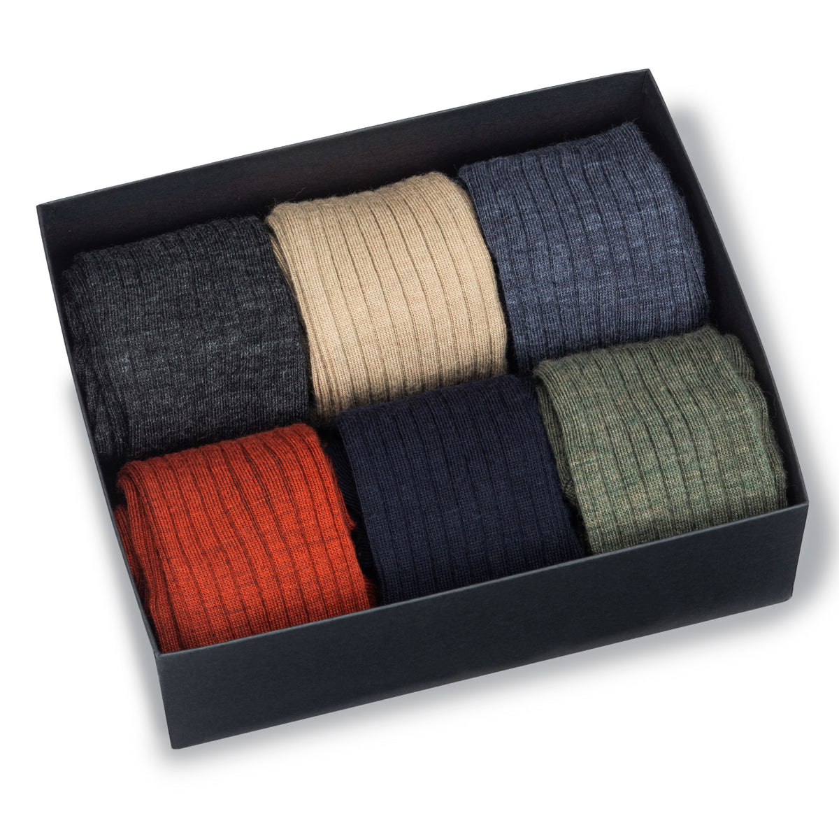 box of 6 pairs of Merino Wool Mid-Calf Dress Socks in a gift box on a white background