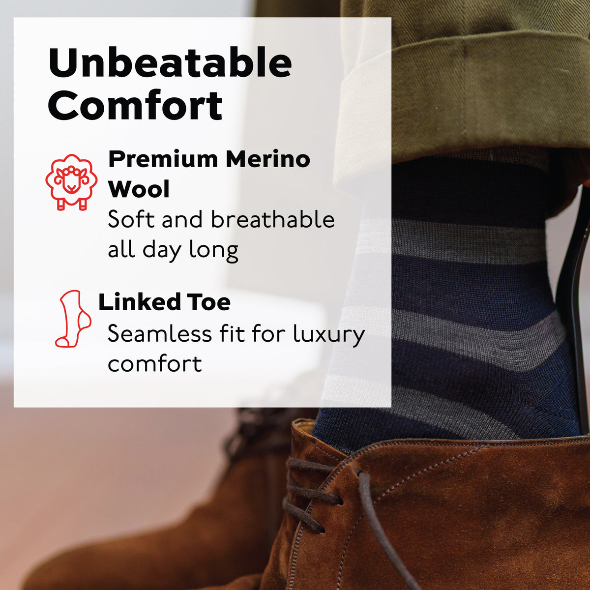 man putting on shoes wearing Grey Heather Stripes on Navy Merino Wool Mid-Calf Dress Socks