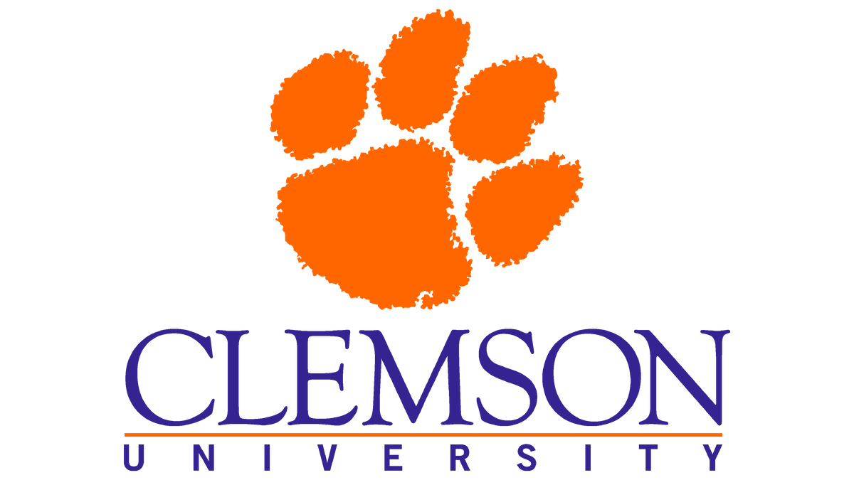 Clemson University logo with orange paw print and blue text