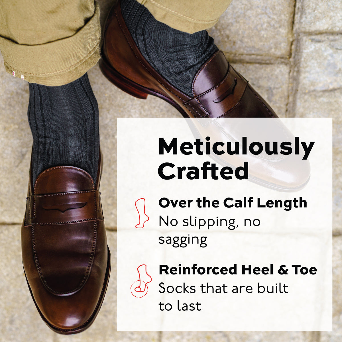 man wearing khakis, brown loafers and Grey Cotton Over the Calf Dress Socks with a infographic overlay