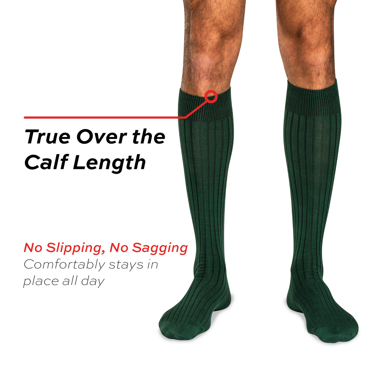 model wearing Forest Green Cotton Over the Calf Dress Socks on white background with text overlay