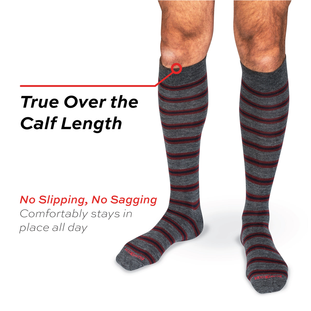 model wearing Burgundy and Navy Stripes on Grey Merino Wool Over the Calf Dress Socks on a white background