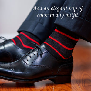 bright red and dark grey striped wool dress socks paired with dark slacks and black oxfords