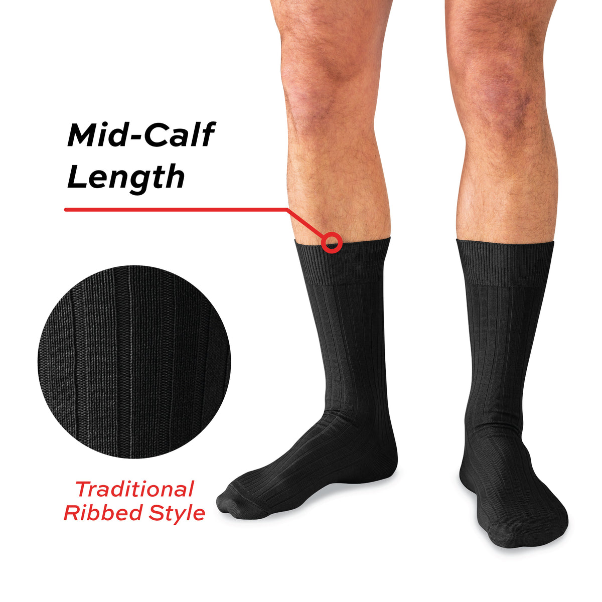model wearing Black Cotton Mid Calf Dress Socks on a white background with a lanth call out overlay