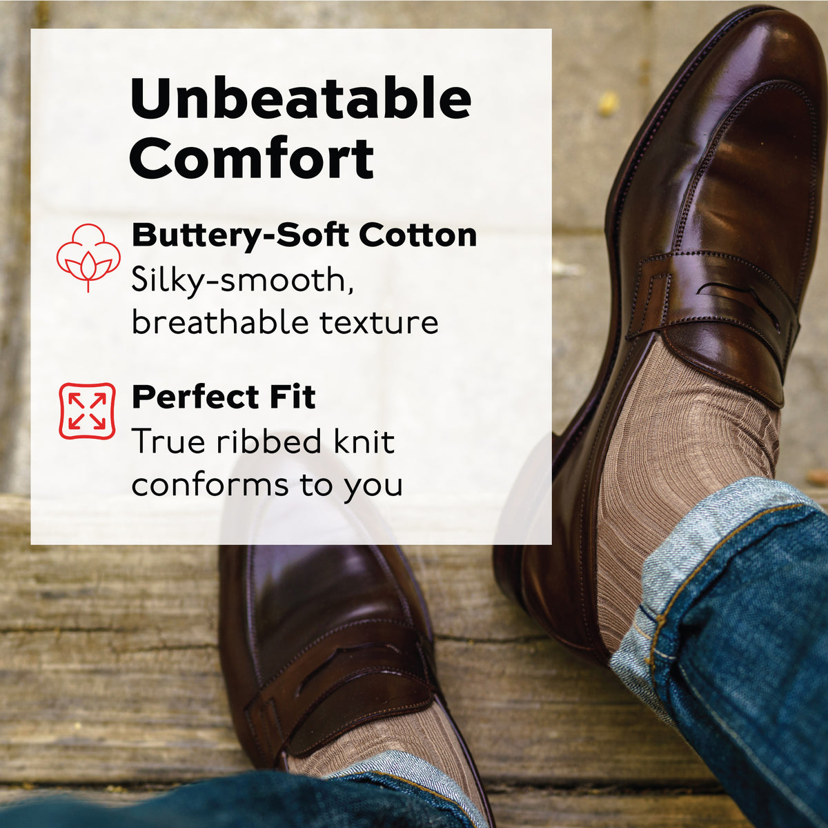man sitting down outside wearing Khaki Cotton Over the Calf Dress Socks and brown dress shoes