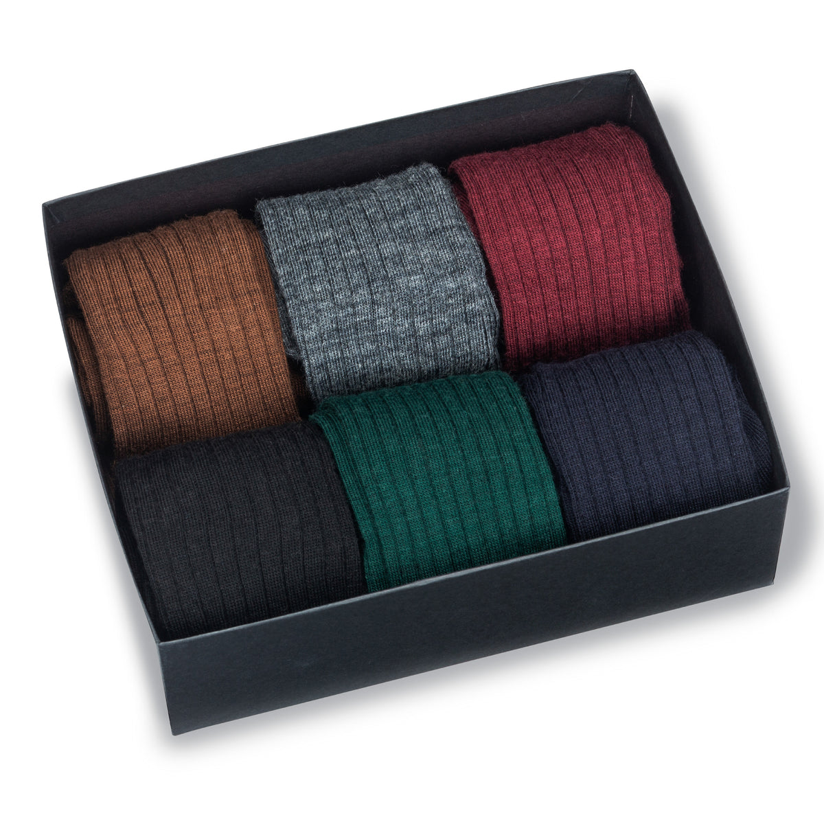 6 pairs of Merino Wool Mid-Calf Dress Socks in a gift box sitting on a white background