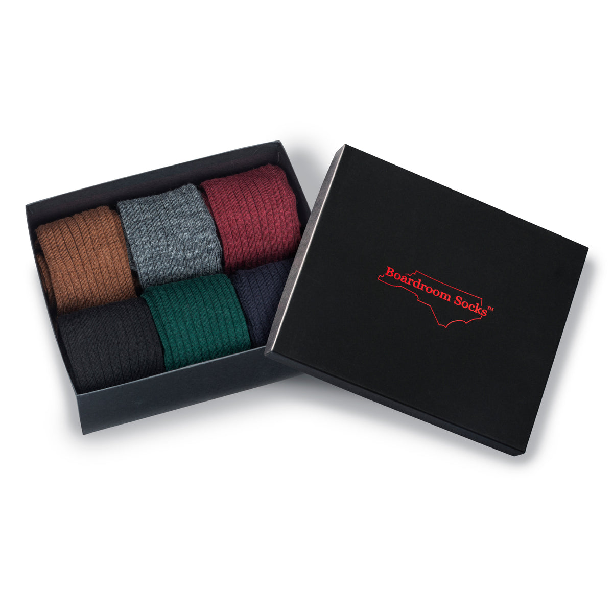 box of 6 Merino Wool Over the Calf Dress Socks in a gift box with a lid on a white background