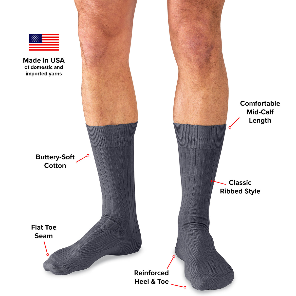 infographic detailing features and benefits of grey cotton mid-calf dress socks from Boardroom Socks