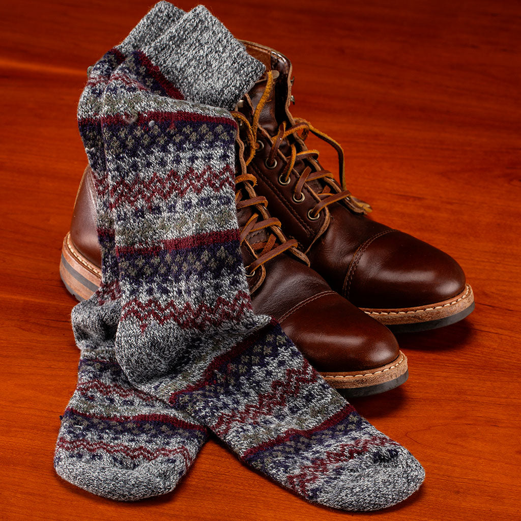 grey merino wool fair isle socks paired with brown dress boots