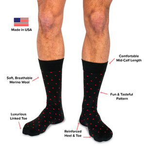 infographic detailing black and red patterned dress socks from Boardroom Socks