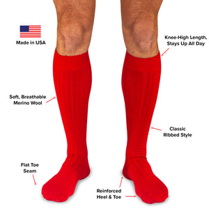 infographic detailing red over the calf dress socks from Boardroom Socks
