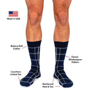infographic detailing features and benefits of Boardroom Socks' navy cotton windowpane dress socks