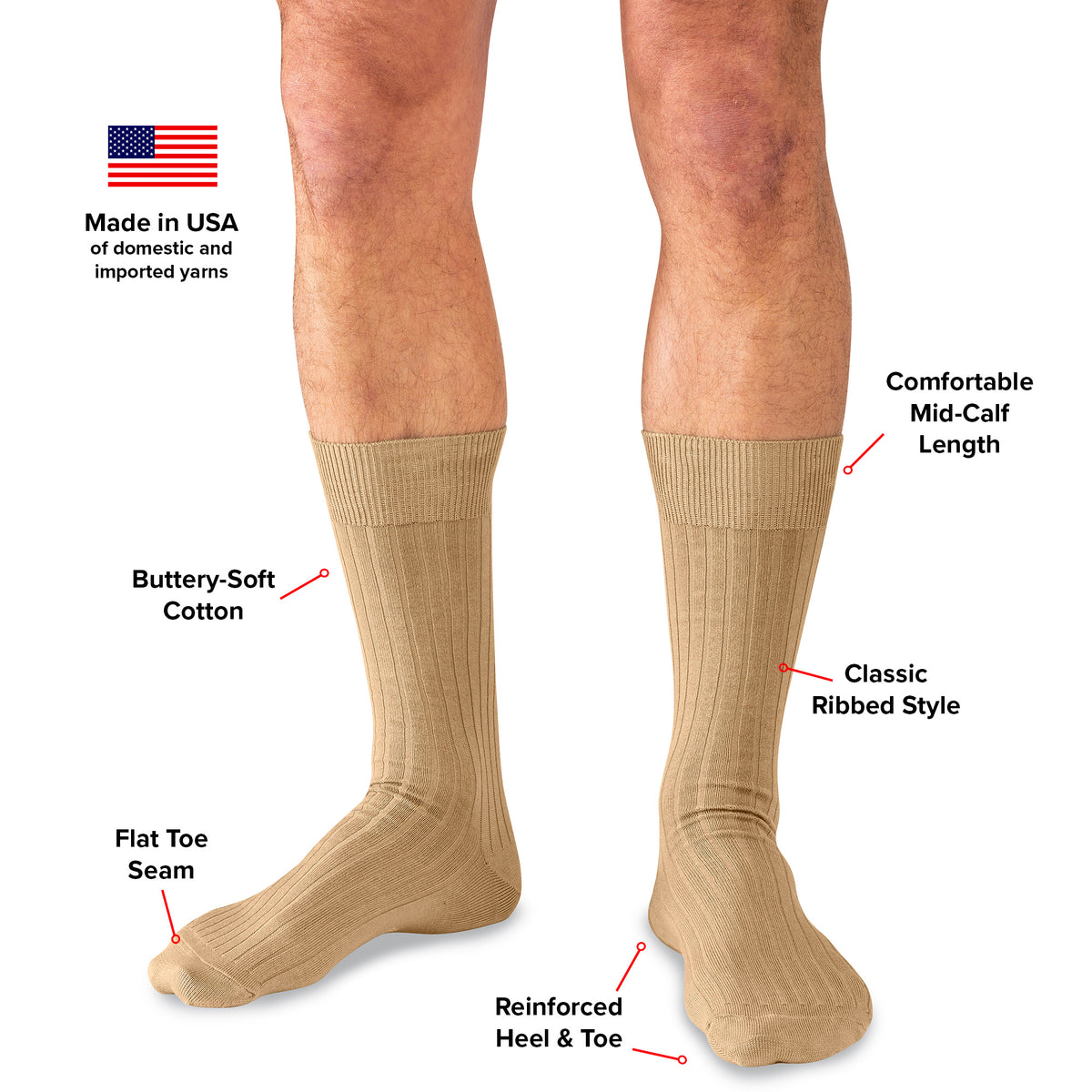 infographic detailing khaki cotton mid-calf dress socks