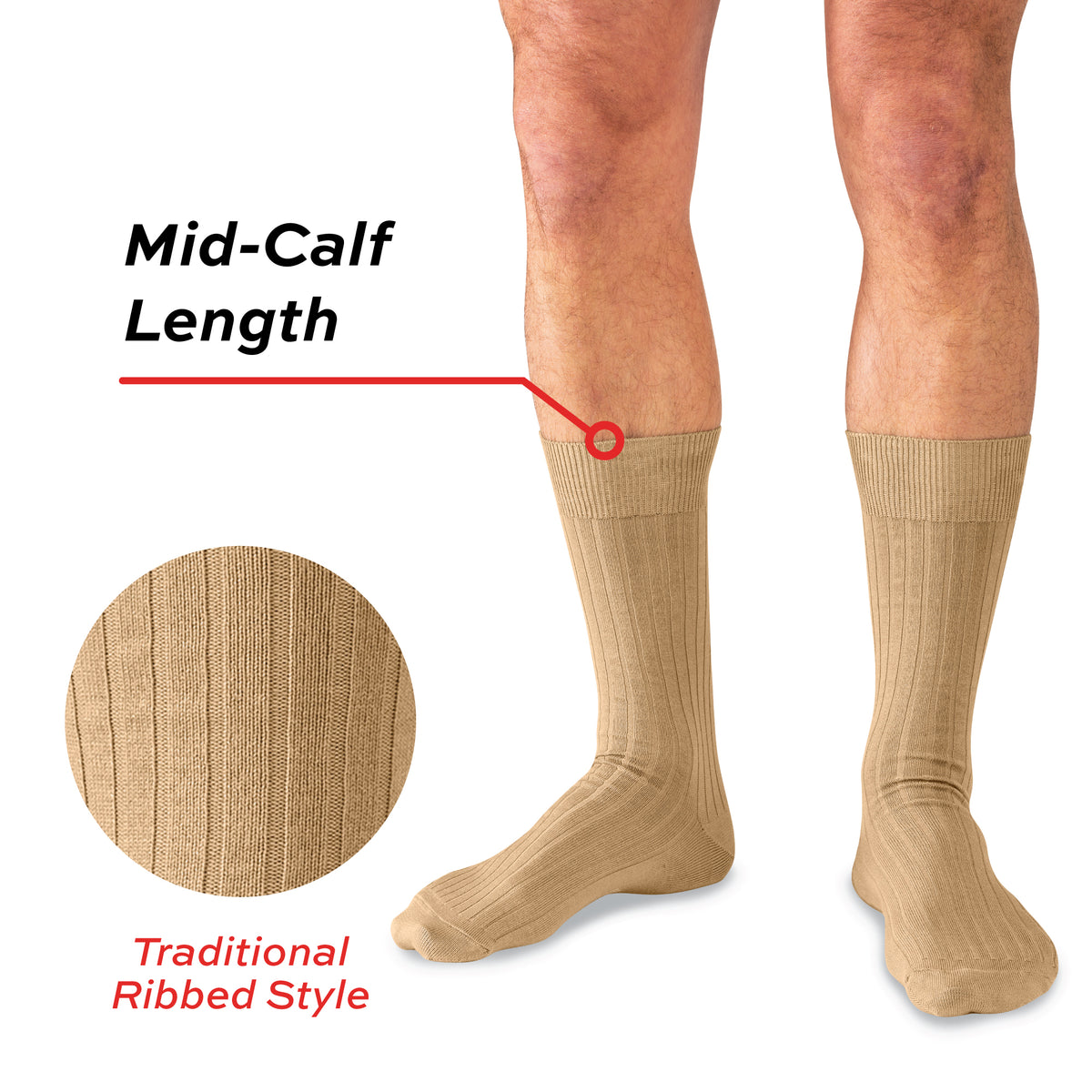 model wearing Khaki Cotton Mid Calf Dress Socks on a white background