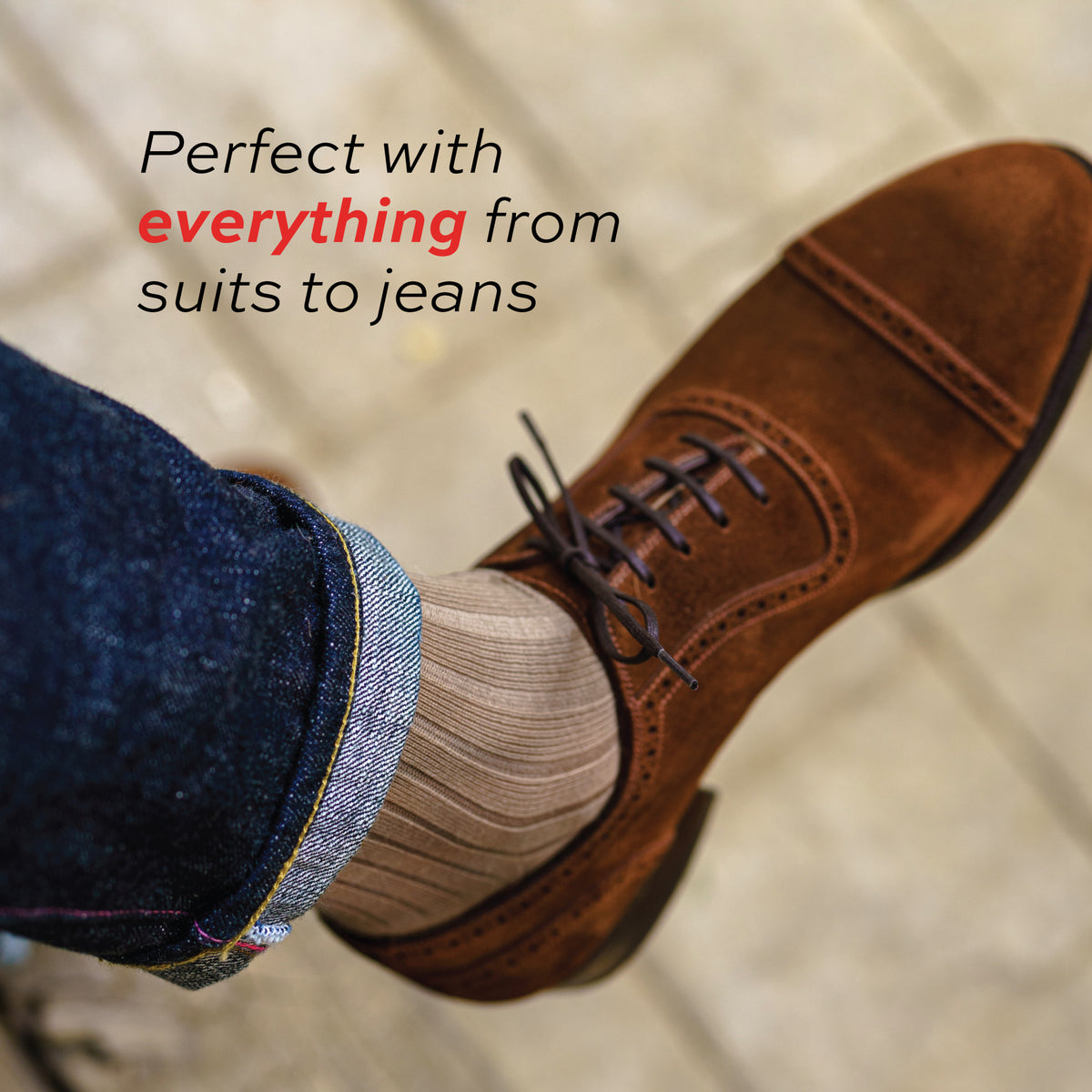 man wearing jeans, nice shoes and Khaki Cotton Mid Calf Dress Socks with text overlay