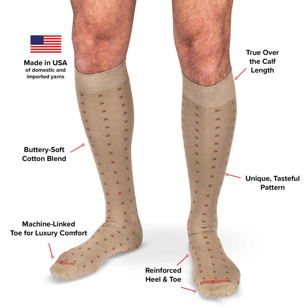 infographic detailing features and benefits of khaki patterned over the calf cotton dress socks from Boardroom Socks