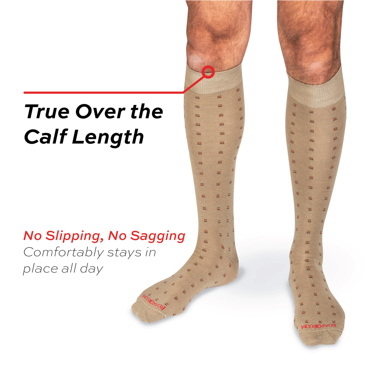 model wearing Colorful Square Knots on Khaki Merino Wool Over the Calf Dress Socks on a white background with text overlay
