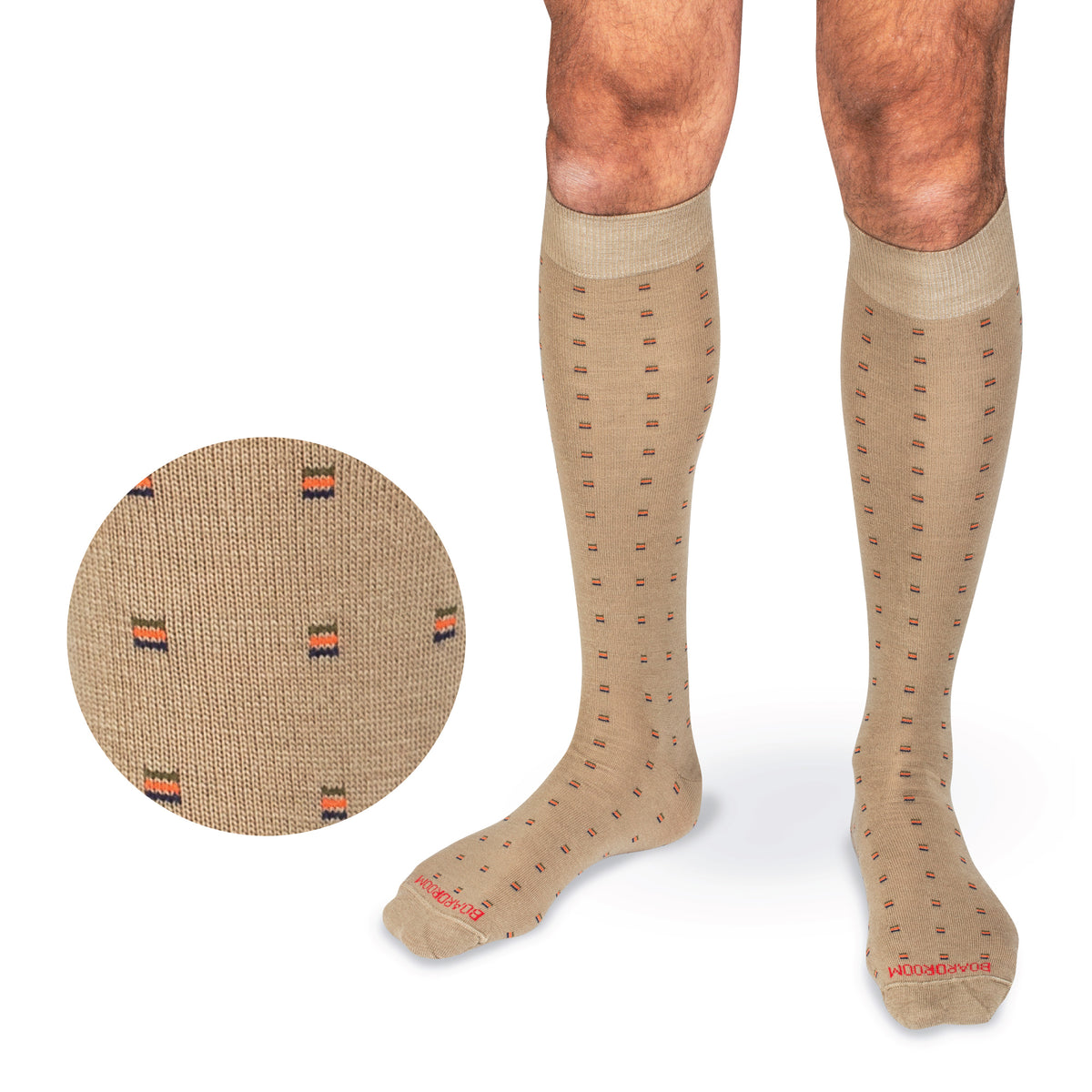 model wearing Colorful Square Knots on Khaki Merino Wool Over the Calf Dress Socks on a white background