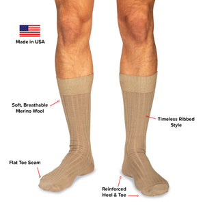 infographic detailing features and benefits of Boardroom Socks' khaki wool dress socks