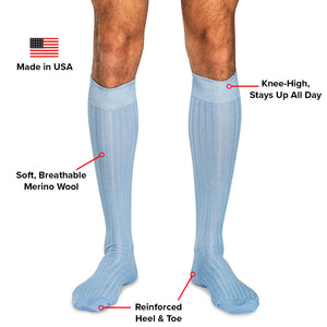 infographic showing details of sky blue wool over the calf socks