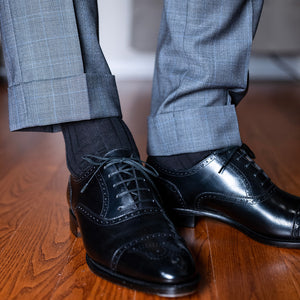 black cotton dress socks with grey windowpane suit and black oxfords