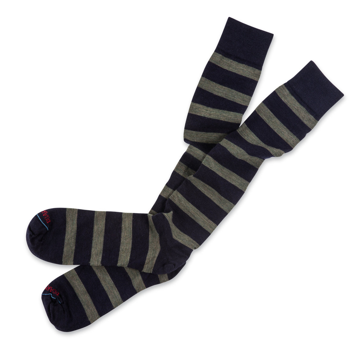 flat laying pair of Olive Stripes on Navy Merino Wool Over the Calf Dress Socks on a white background
