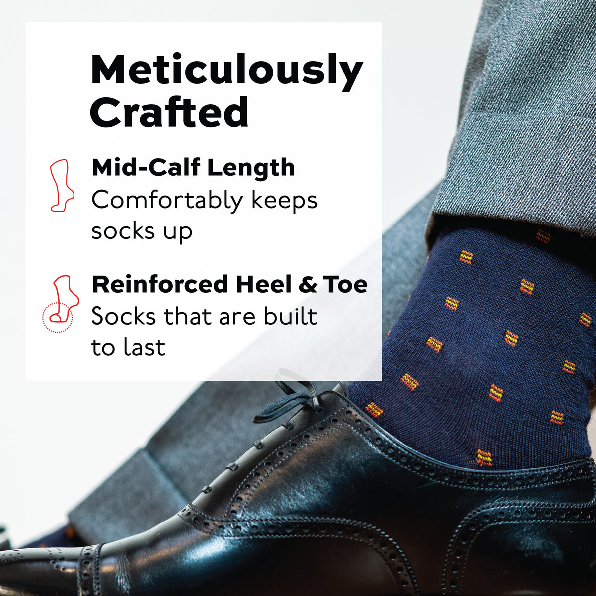 detailed image of a man dressed wearing Orange Square Knots on Navy Merino Wool Mid Calf Dress Socks with an infographic overlay