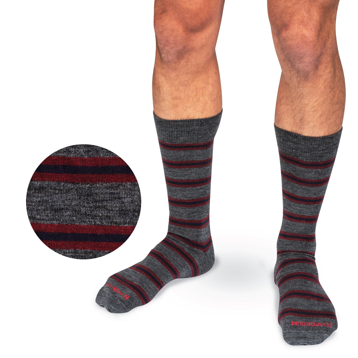 model wearing Burgundy and Navy Stripes on Grey Merino Wool Mid-Calf Dress Socks on a white background