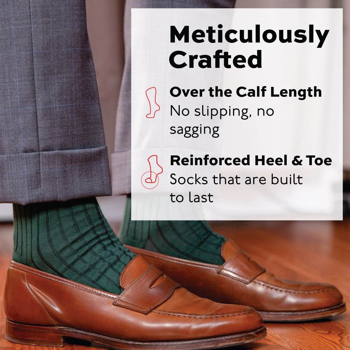 man standing wearing brown loafers, grey slacks and Forest Green Cotton Over the Calf Dress Socks