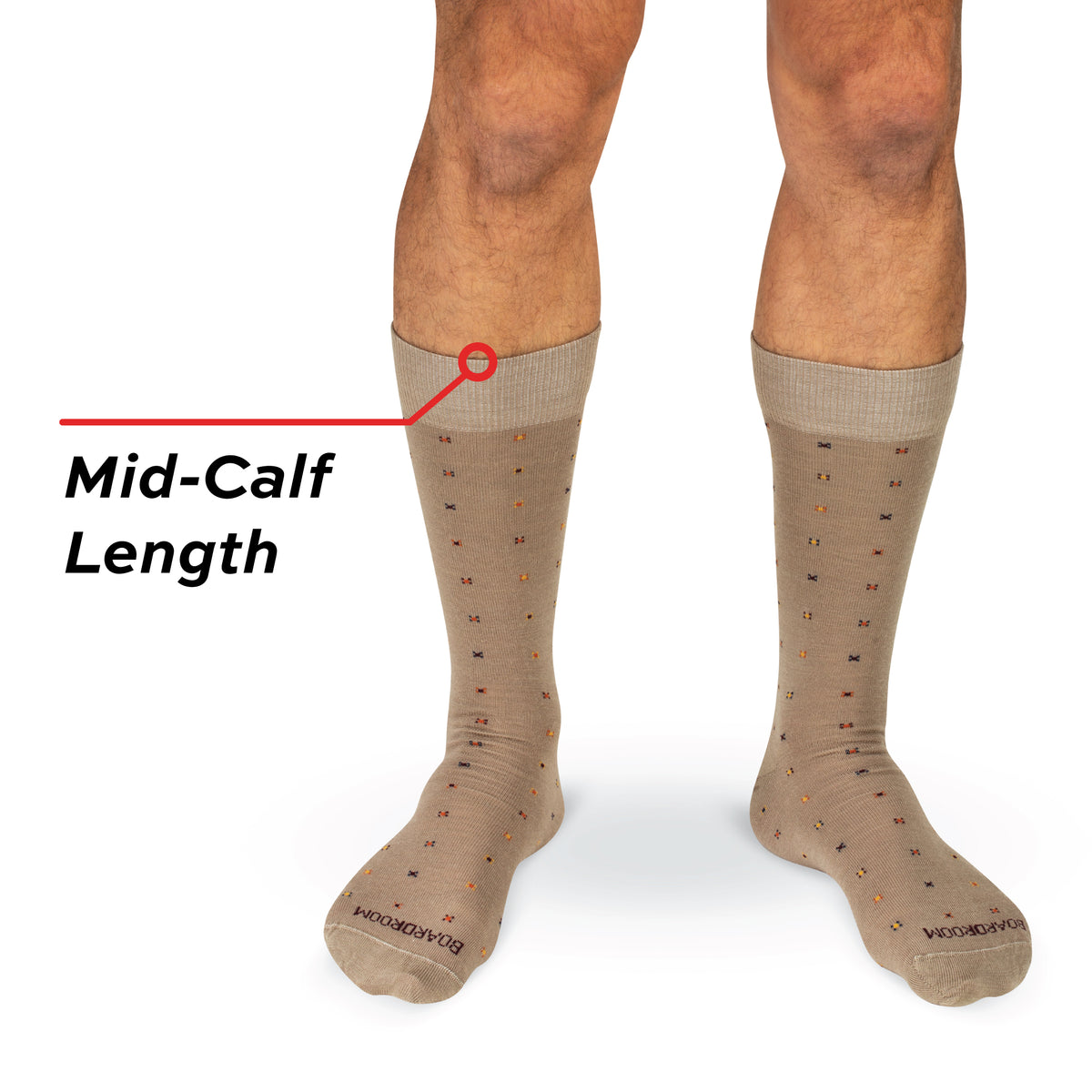 model wearing Khaki Geometric Merino Wool Mid-Calf Dress Socks on a white background