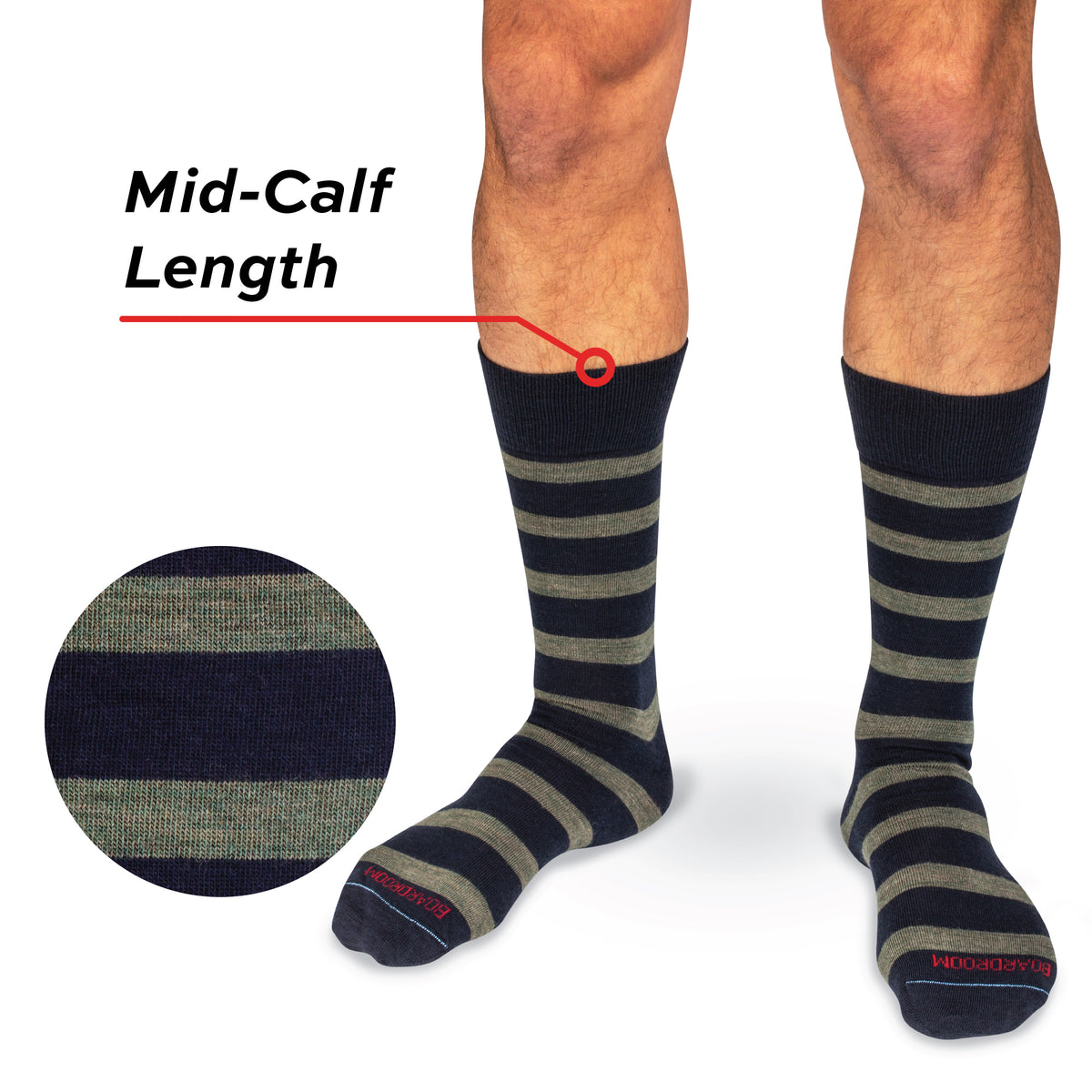 model wearing a pair of Olive Stripes on Navy Merino Wool Mid Calf Dress Socks on a white background