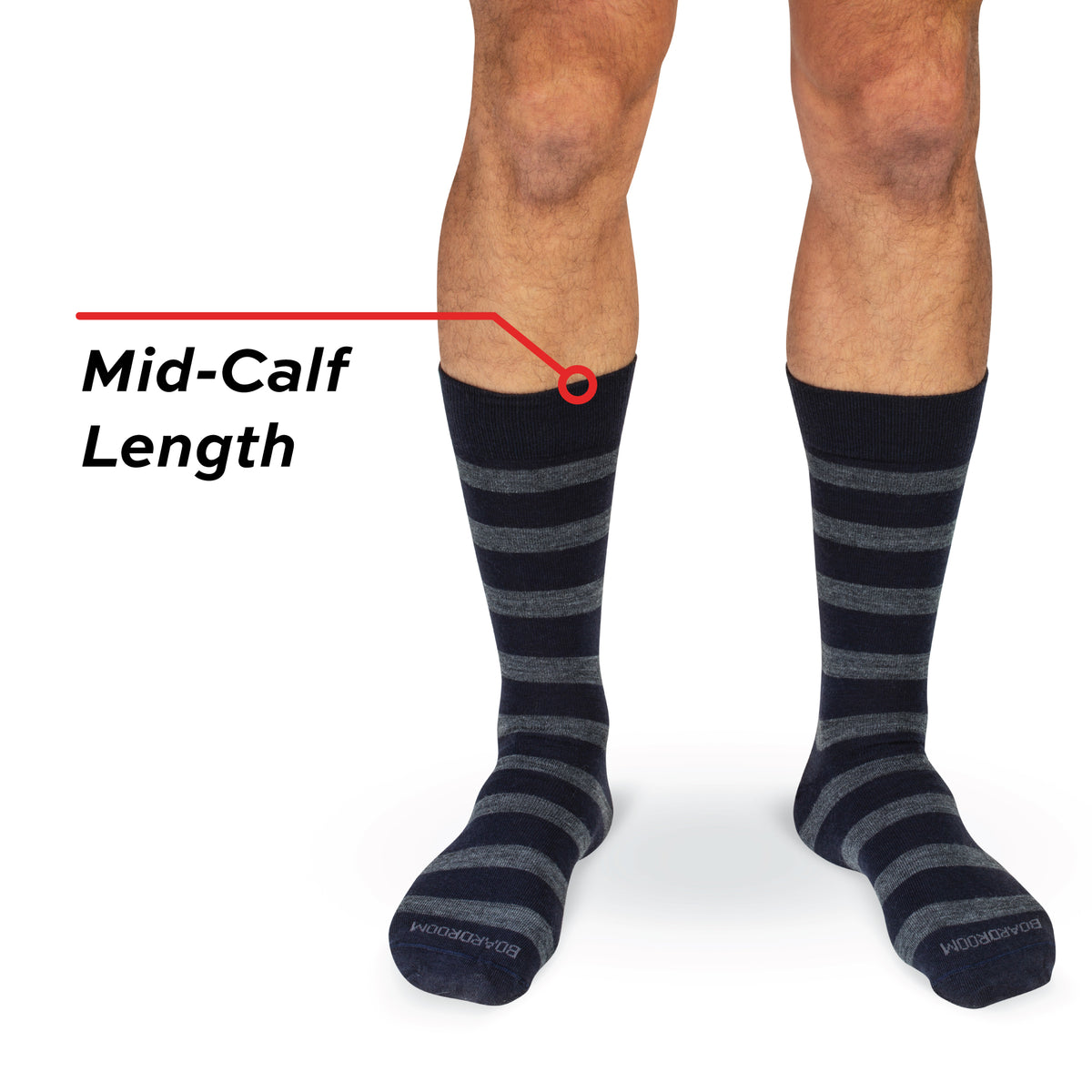 model wearing Grey Heather Stripes on Navy Merino Wool Mid-Calf Dress Socks on white background