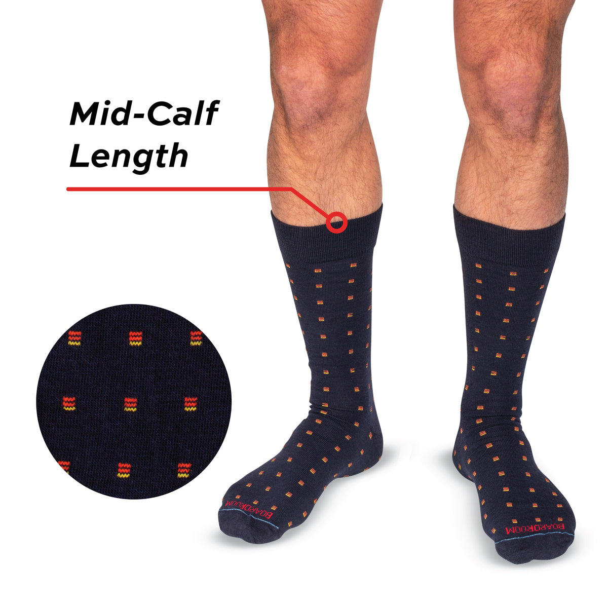 model wearing Orange Square Knots on Navy Merino Wool Mid Calf Dress Socks on a white background
