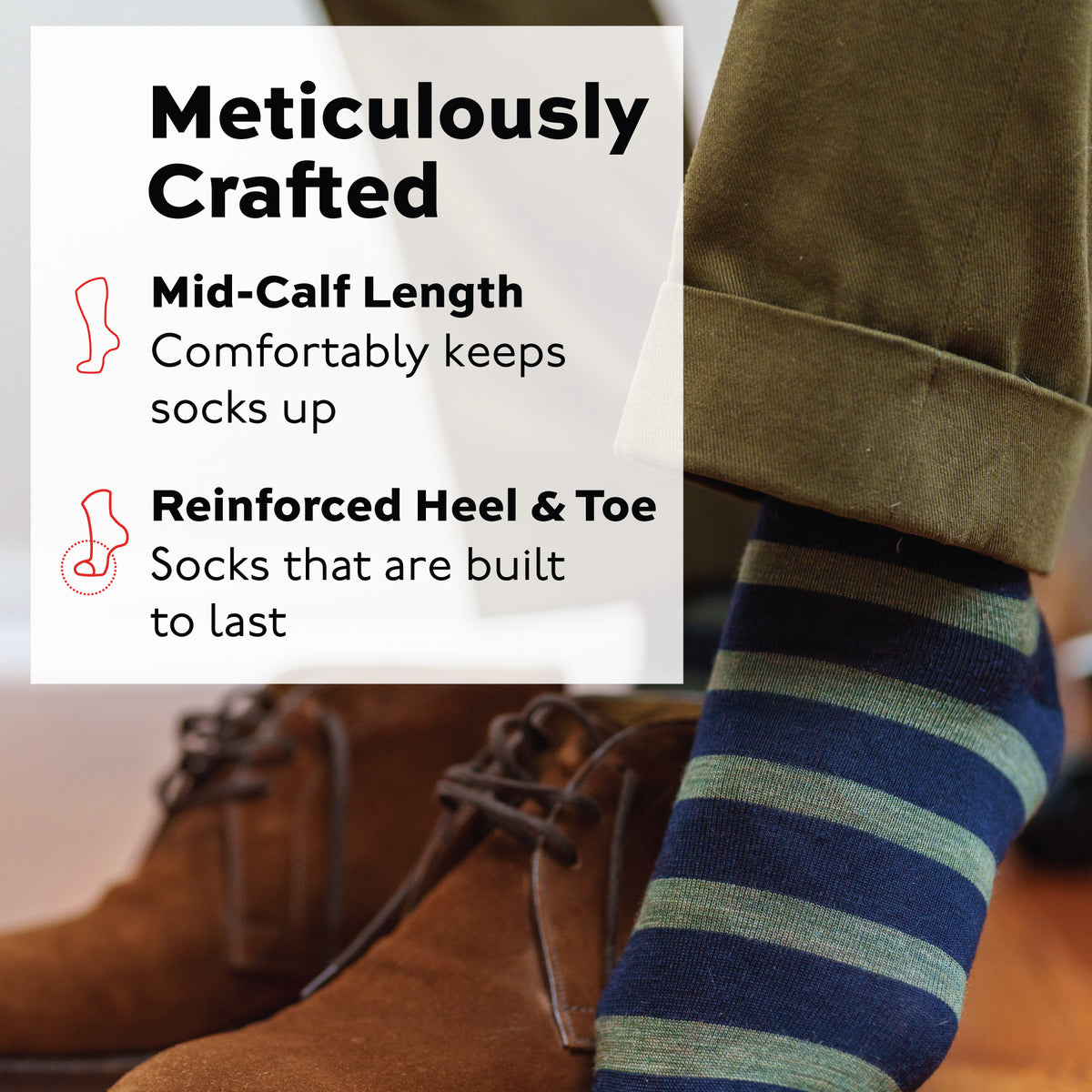 man putting shoes on while wearing Olive Stripes on Navy Merino Wool Mid Calf Dress Socks with a infographic overlay