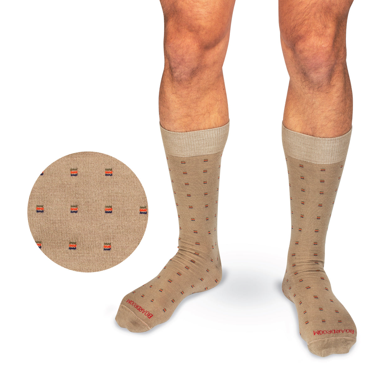 model wearing Colorful Square Knots on Khaki Merino Wool Mid-Calf Dress Socks on a white background