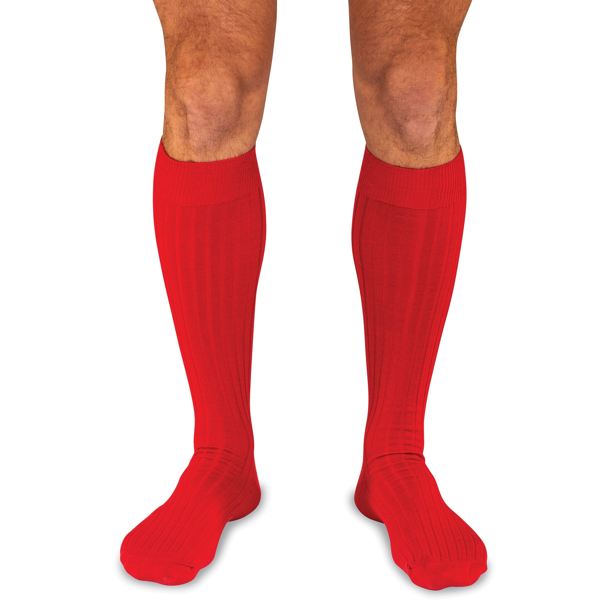 model wearing bright red merino wool over the calf dress socks