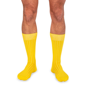 model wearing yellow dress socks