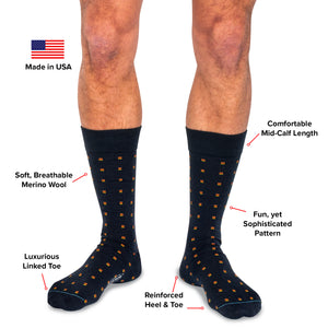 infographic detailing the features and benefits of Boardroom Socks' mid-calf patterned dress socks