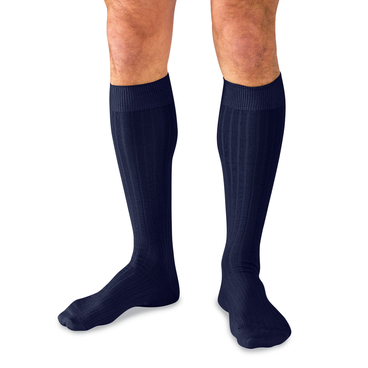 model wearing Navy Cotton Over the Calf Dress Socks on a white background