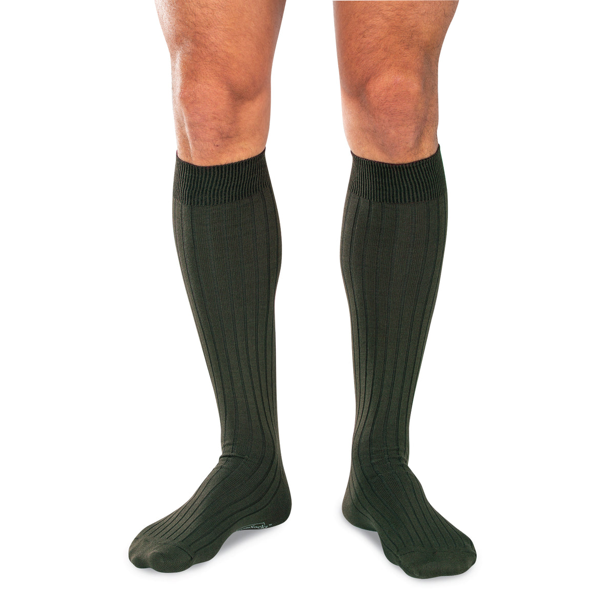 model wearing Olive Cotton Over the Calf Dress Socks on a white background