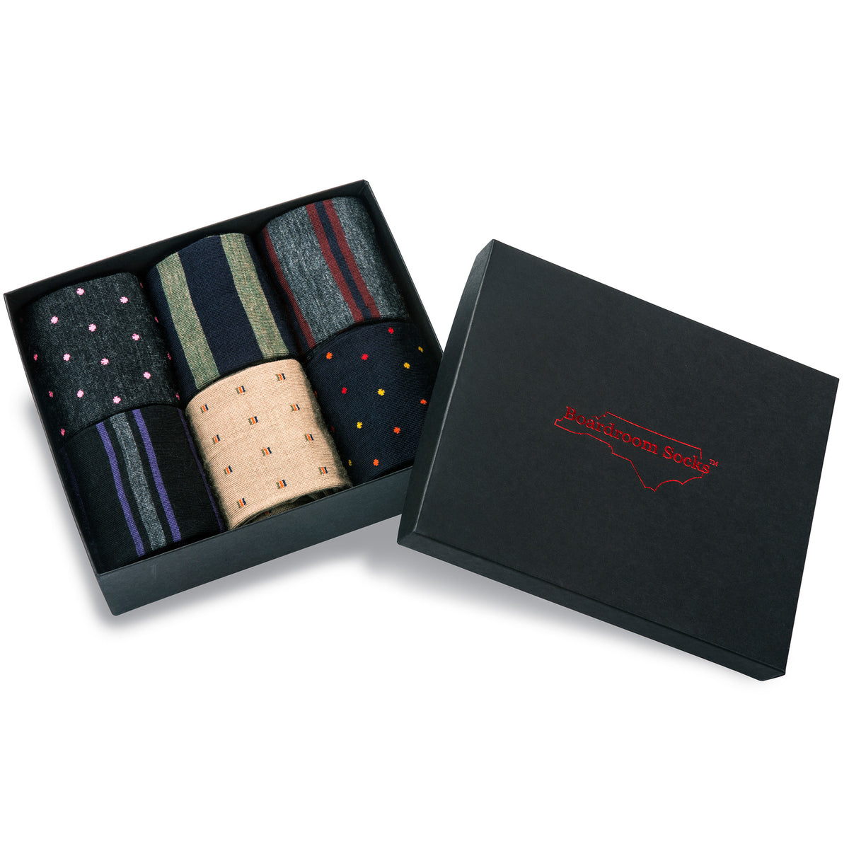 opened gift box filled with six pairs of patterned colorful merino wool dress socks from Boardroom Socks