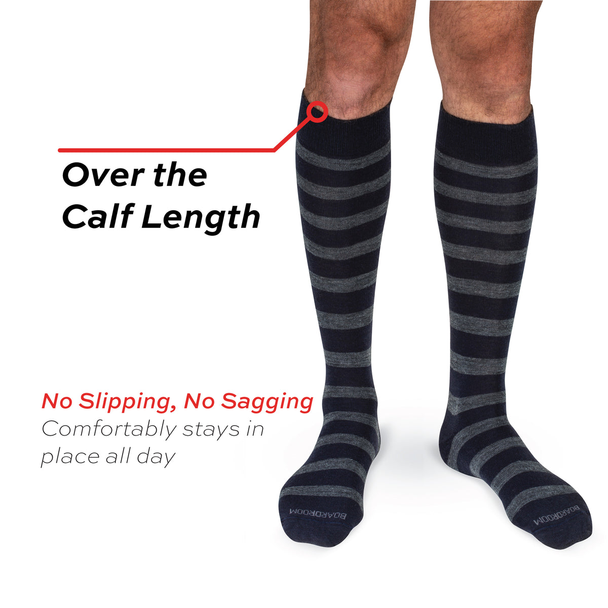 model wearing Grey Heather Stripes on Navy Merino Wool Over the Calf Dress Socks with over the calf length call out