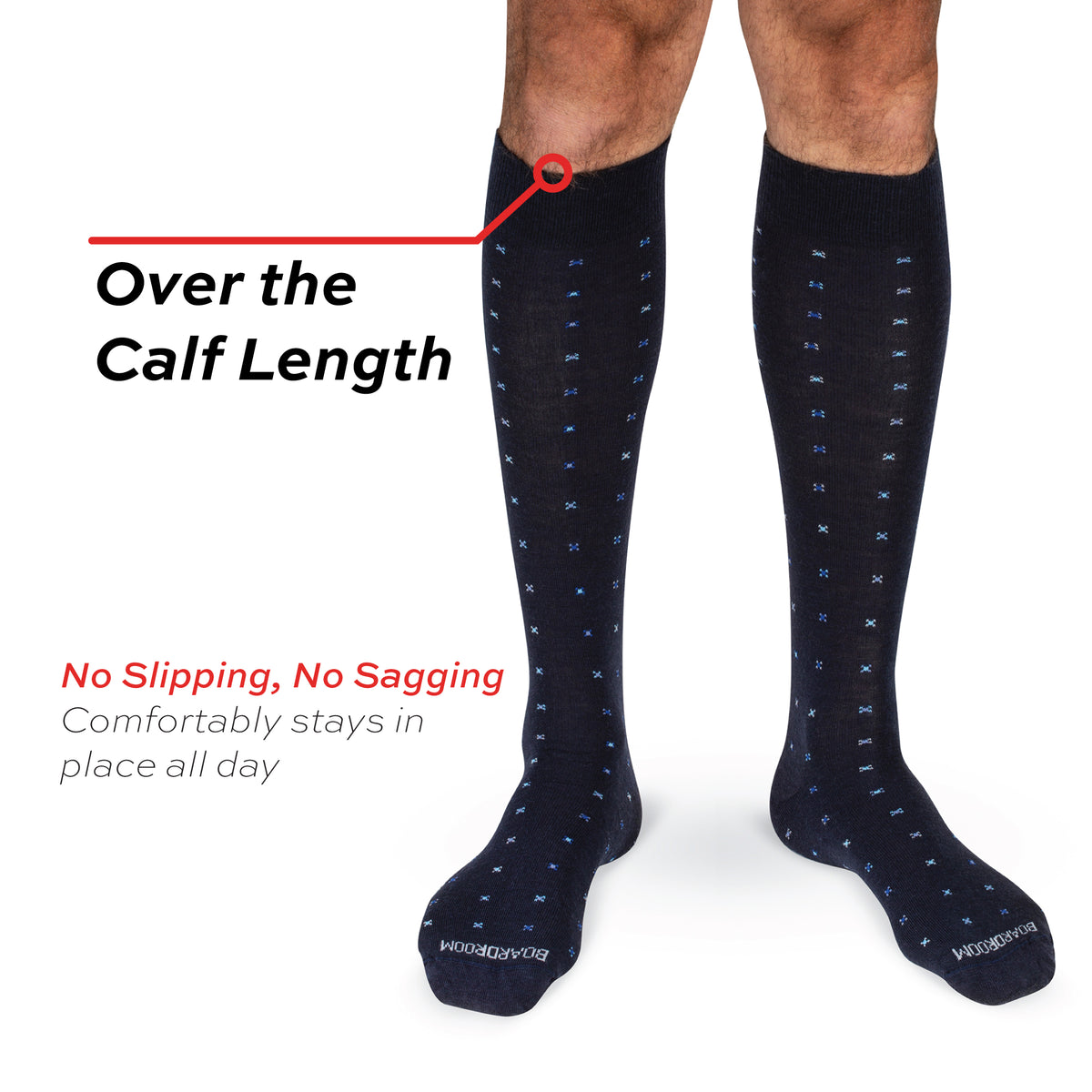 model wearing Navy Geometric Merino Wool Over the Calf Dress Socks on a white background