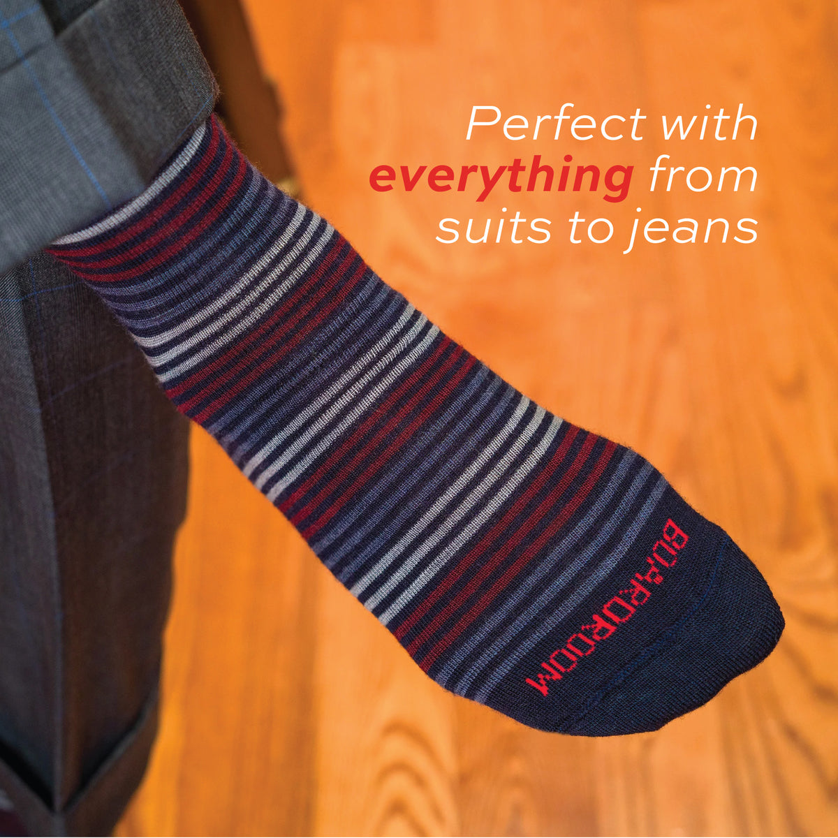 man wearing multi-striped merino wool mens dress socks with text overlay