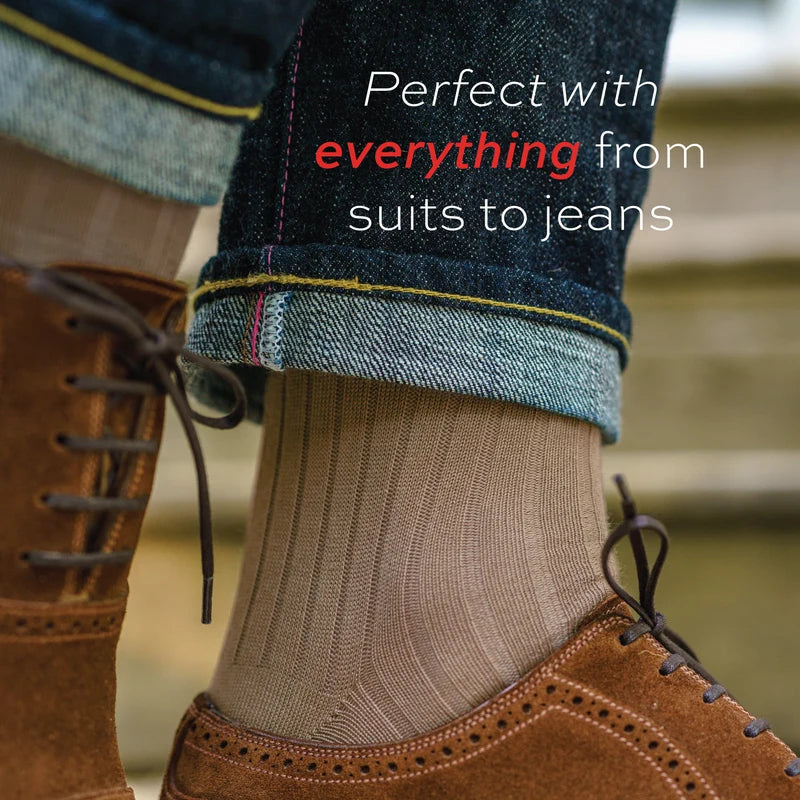 close up image of a man wearing khaki Merino Wool Mid-Calf Dress Socks and jeans