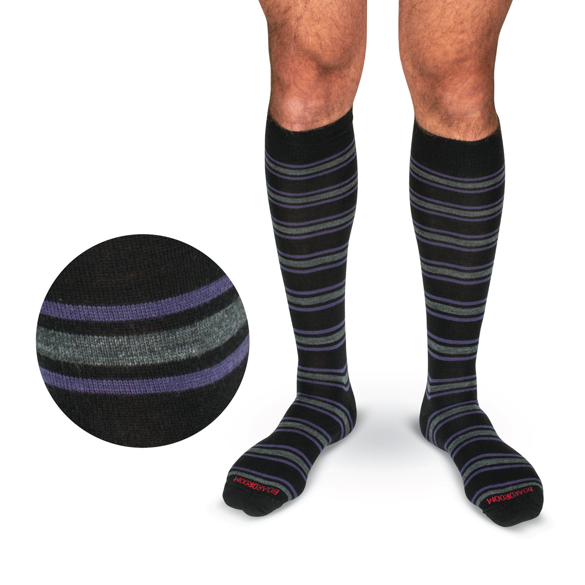 model wearing Purple and Grey Stripes on Black Merino Wool Over the Calf Dress Socks on a white backround