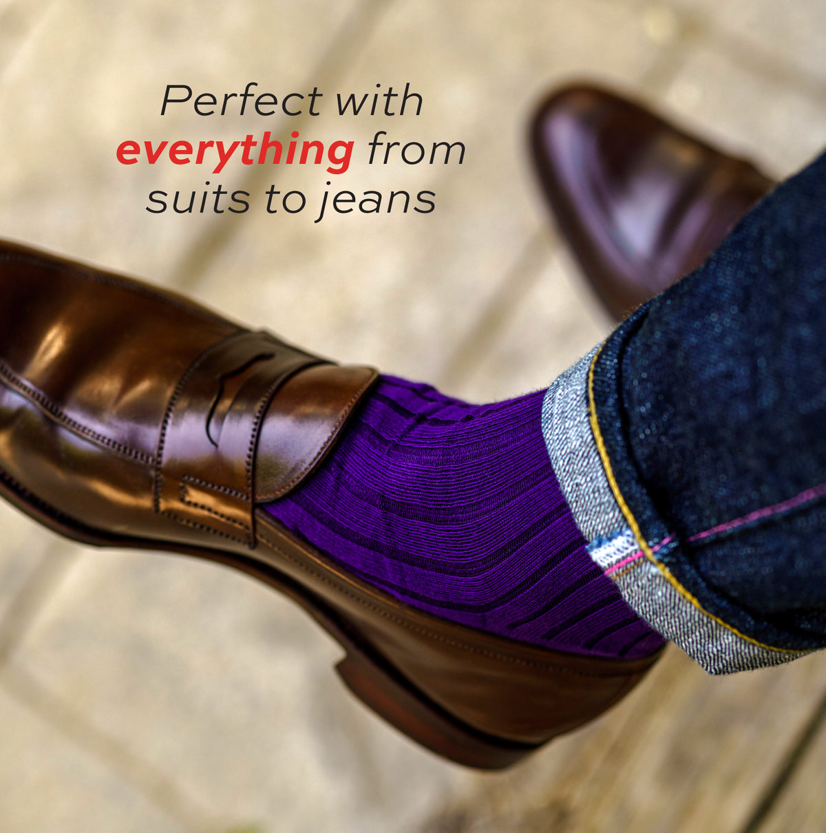 close up image of a mans foot wearing brown loafers and Purple Cotton Mid Calf Dress Socks