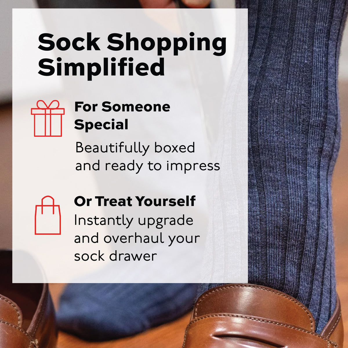 close up image of a man standing and showing off his denim merino wool dress socks