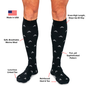 infographic detailing features and benefits of mens skull socks from Boardroom Socks