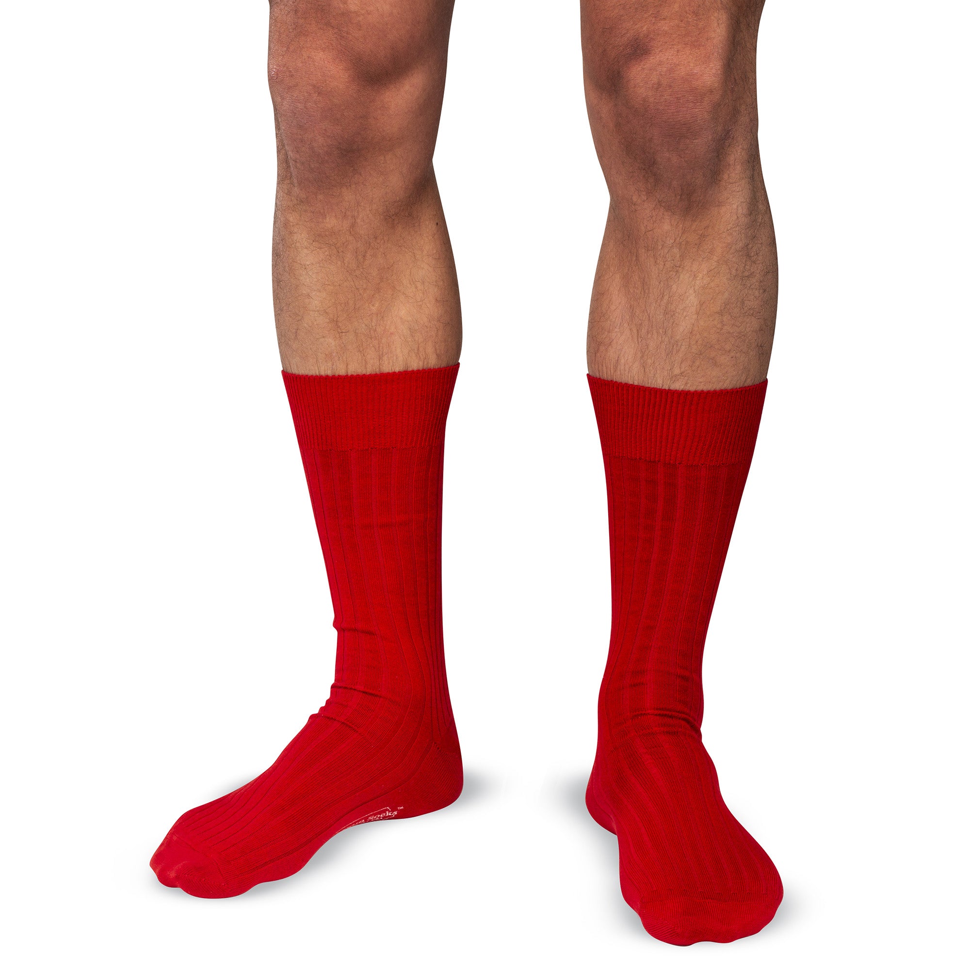 model wearing solid red cotton mid-calf dress socks